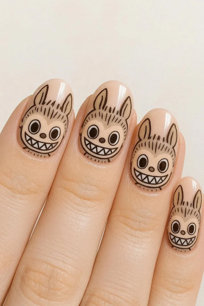 Classic Labubu character nails with hand-painted glossy nude design 