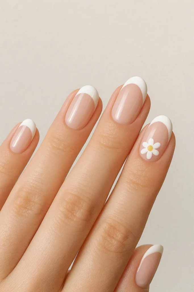 Classic white French tips with tiny daisy accent nail
