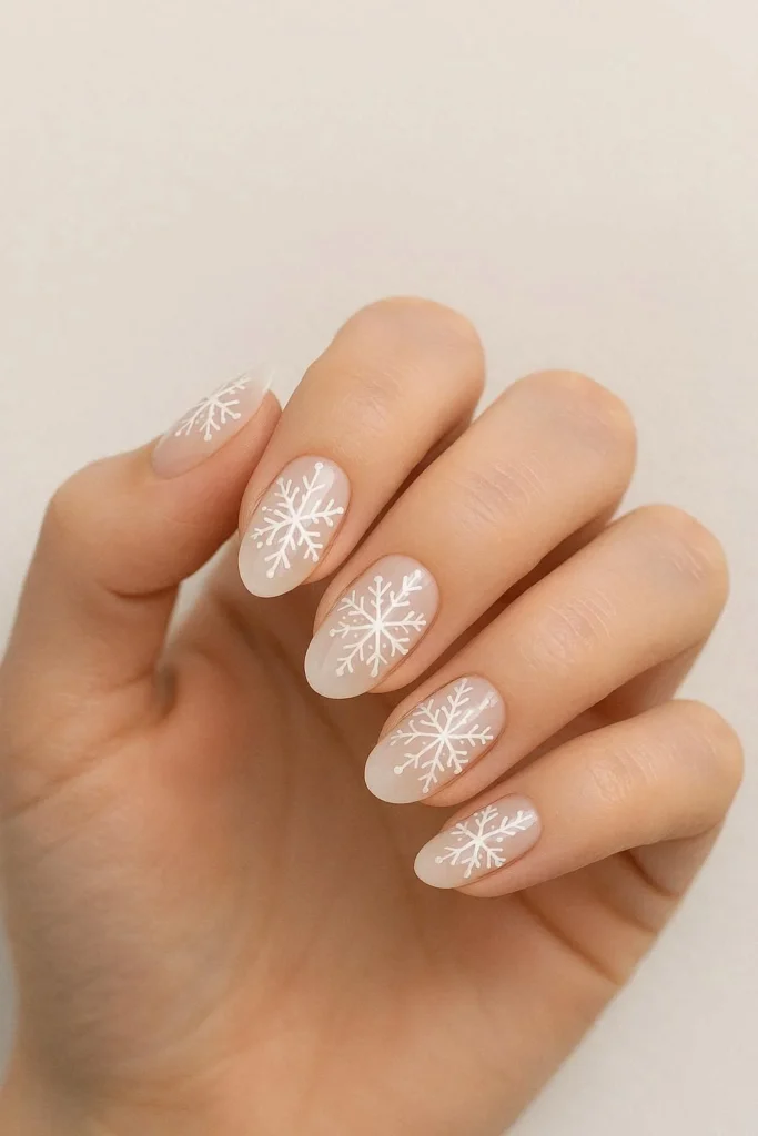 Classic white snowflake nail art on sheer nude base