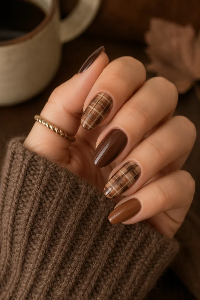 Coffee mocha latte plaid nails for cozy fall style