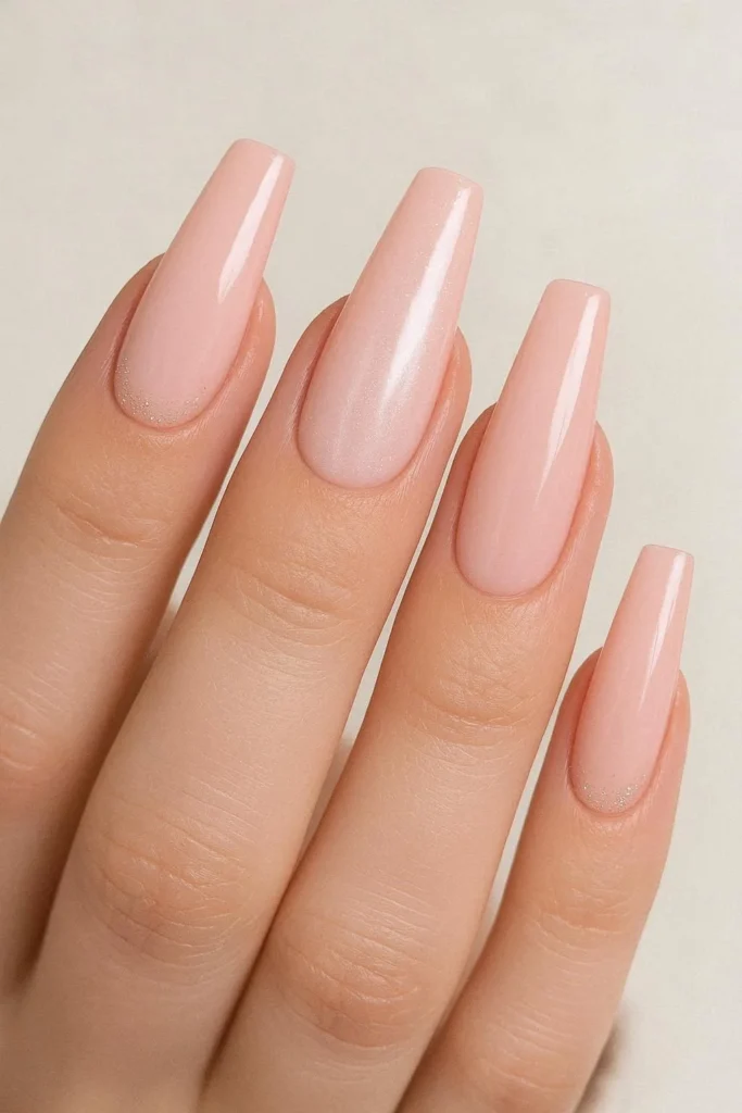 Long coffin shaped blush pink nails with winter detailing