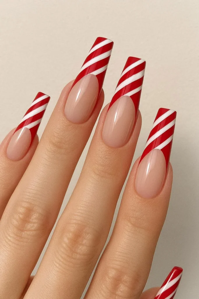 Long coffin candy cane French tip nails bold holiday design