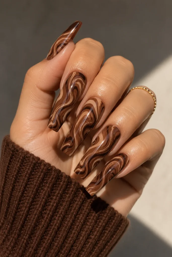 Coffin cinnamon swirl nails long dramatic brown nail art