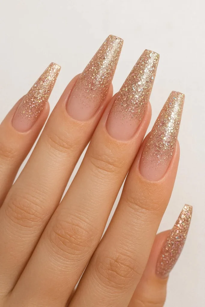 Coffin glitter ombre nails with bold glitter fade on long nails