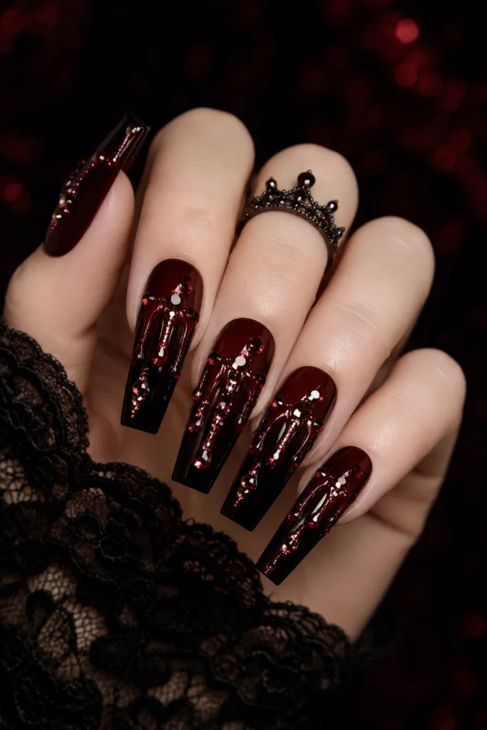 Coffin nails with rhinestone crystal blood drip details