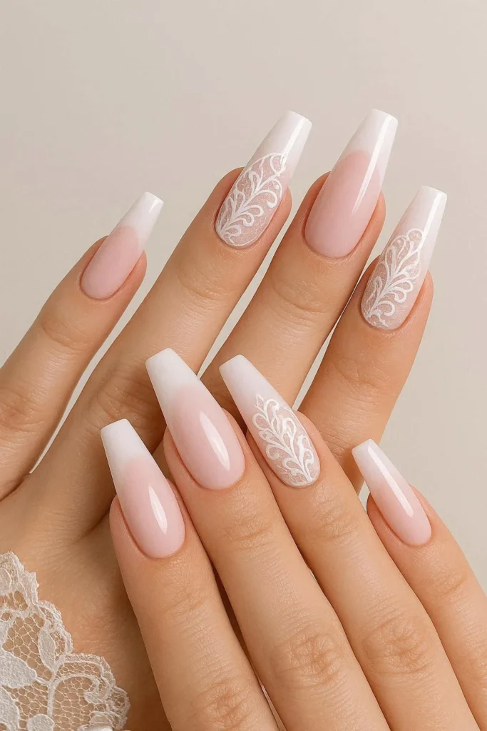 Coffin shape pink and white modern bridal wedding nails