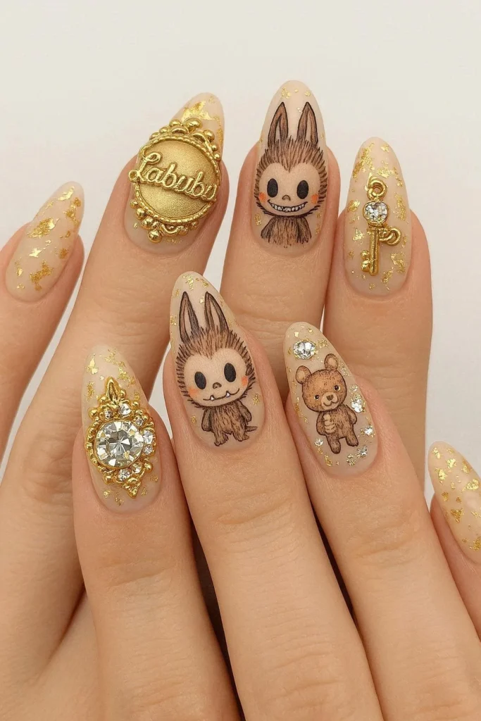 Collector aesthetic Labubu nails with charms gems luxury art