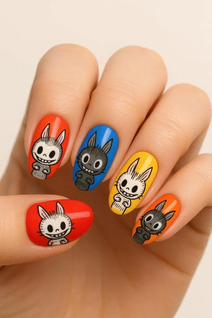  Colorful Labubu nails with bright cheerful multicolor set 