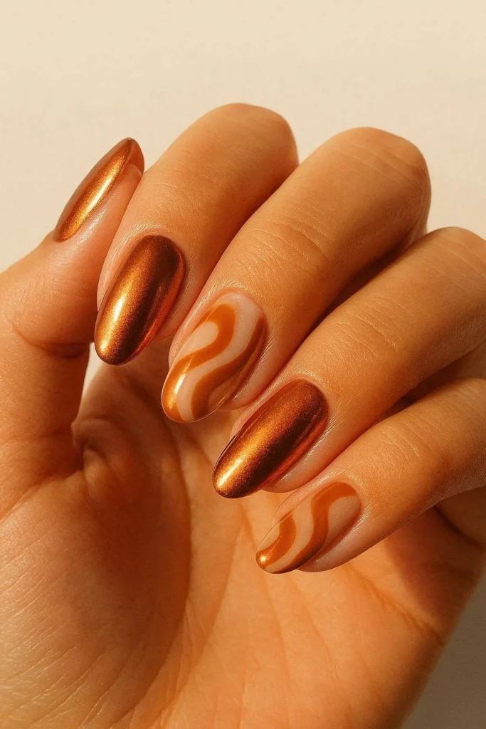 Copper and caramel swirl nails metallic autumn design