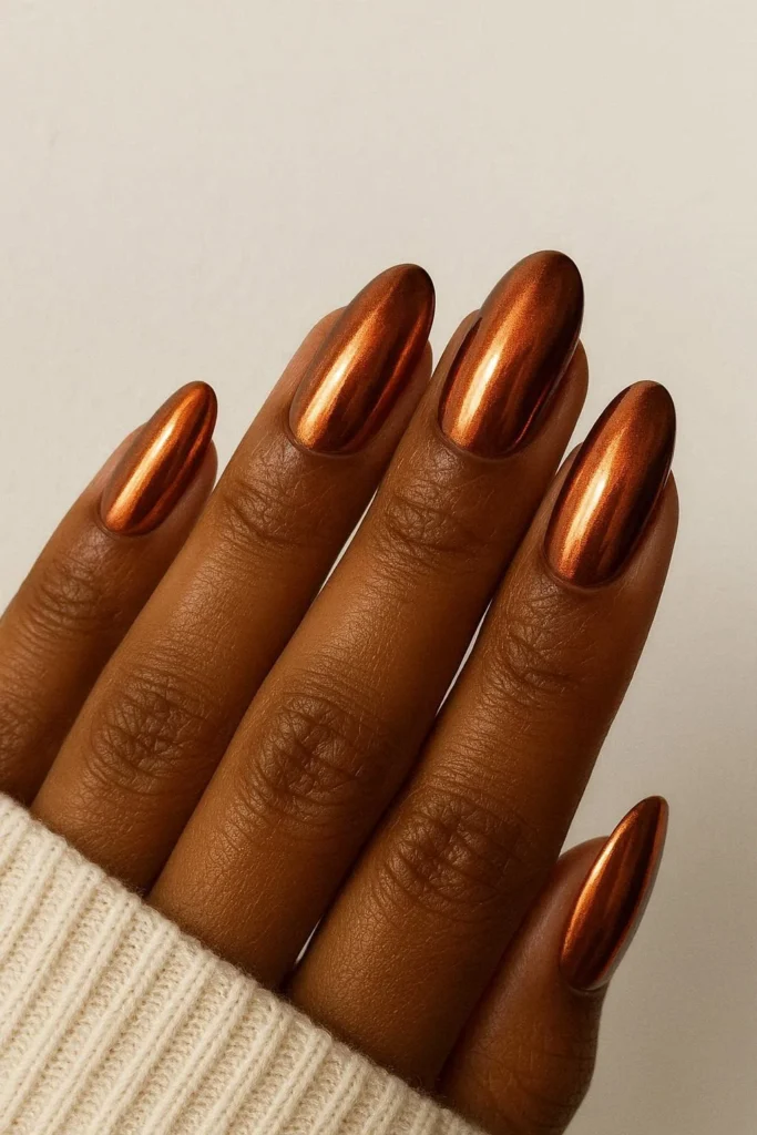 Copper chrome fall nails metallic warm finish brown skin