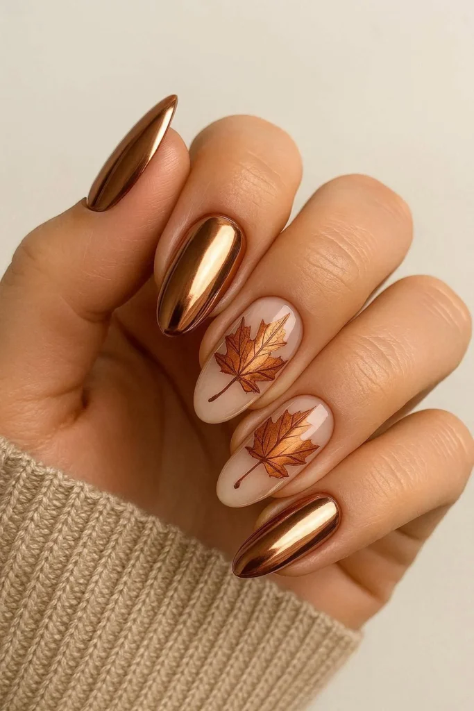 Copper chrome maple leaf nails reflective autumn design
