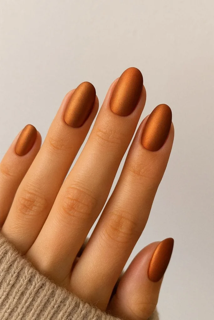 Copper toned orange matte nails modern earthy autumn nail design 