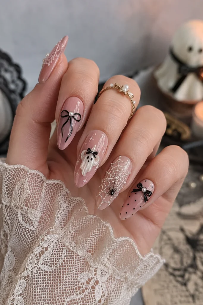 Coquette Halloween nails with ribbons pearls and soft rose base
