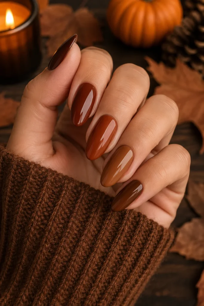 Cozy autumn cinnamon nails mixed brown tones fall manicure