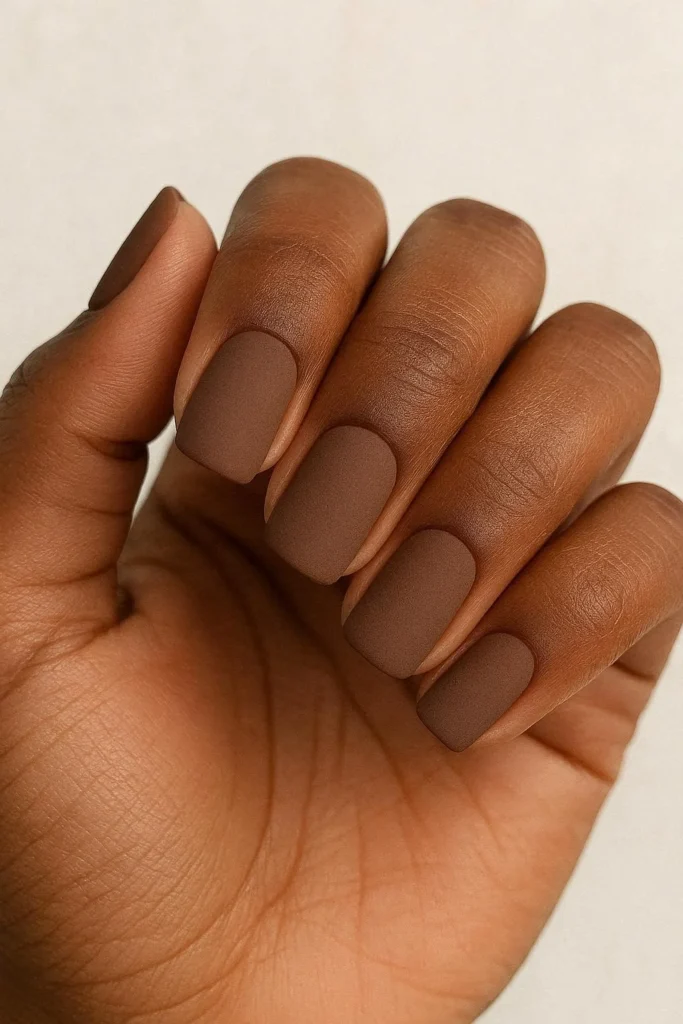 Cozy matte brown fall nails velvety finish deeper skin tones