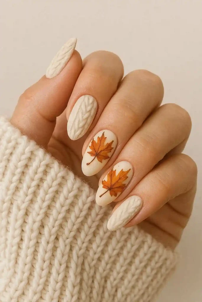 Sweater texture nails with maple leaf art cozy fall design