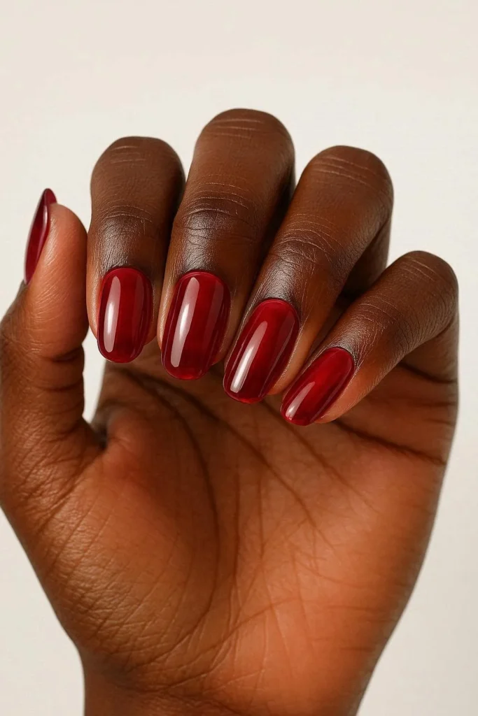 Translucent cranberry jelly glossy nails on deep skin