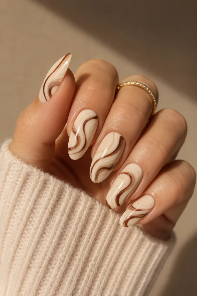 Cream and cinnamon nails ivory base with brown swirls