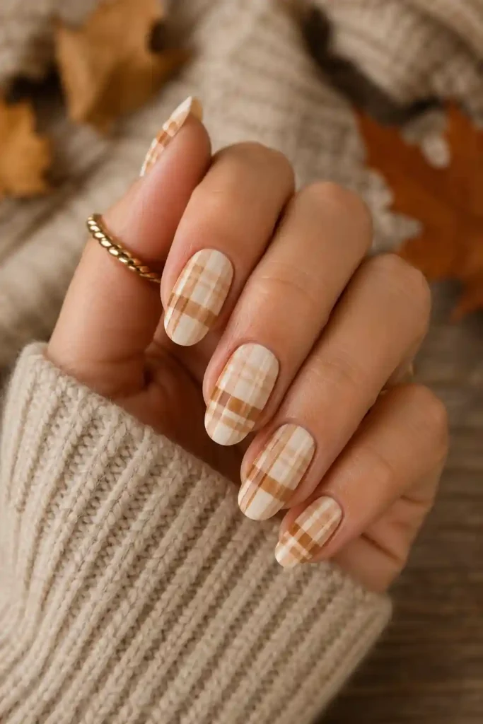 Warm cream and caramel plaid nails for autumn season