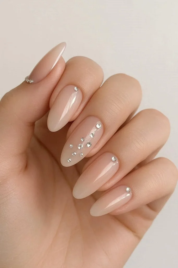 Crystal accent bridal nails nude with rhinestone embellishments