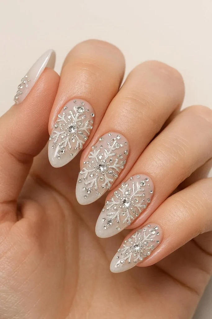 Crystal rhinestone snowflake nails luxury winter manicure