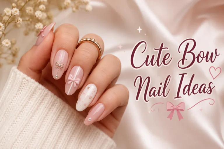 Cute bow nail ideas with elegant pink feminine manicure