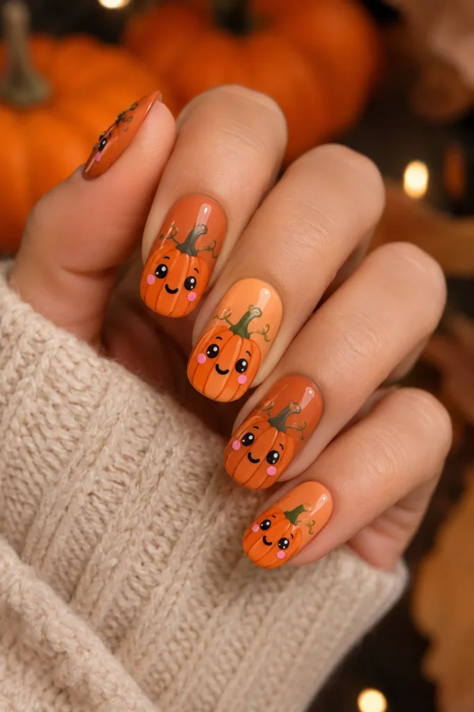 Cute jack-o-lantern pumpkin nails with rosy cheeks orange base