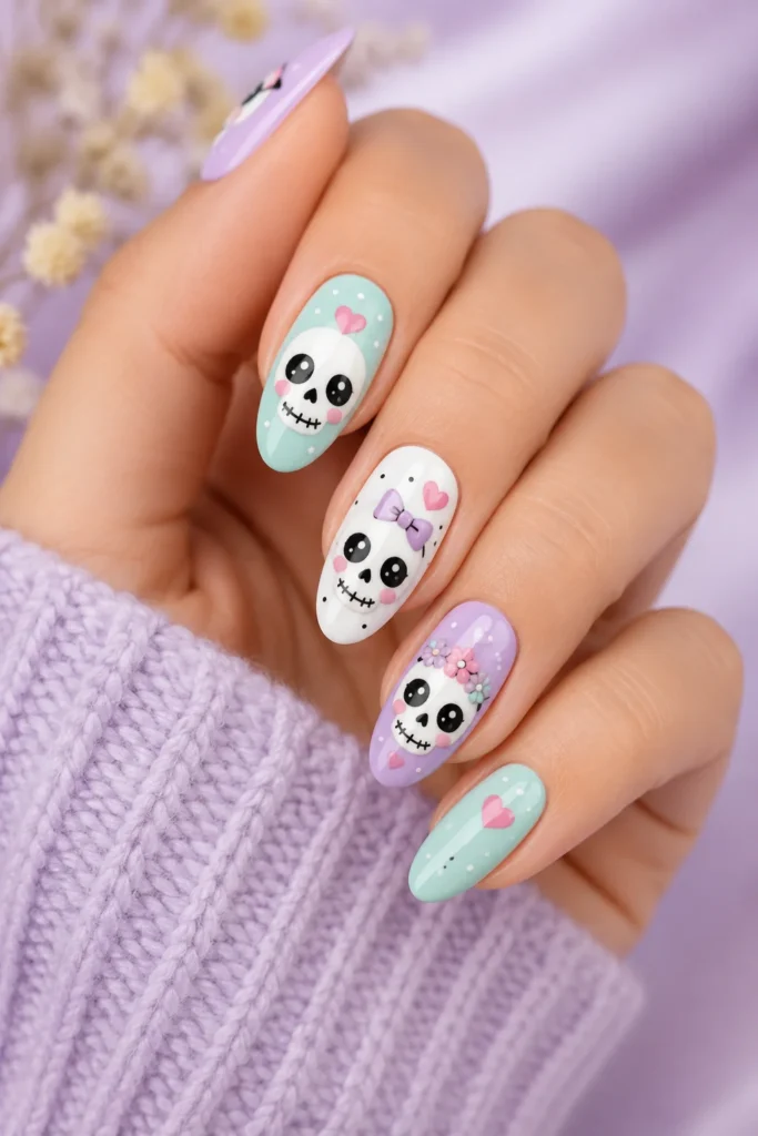 Cute skull nails with big eyes and rosy cheeks on pastel base