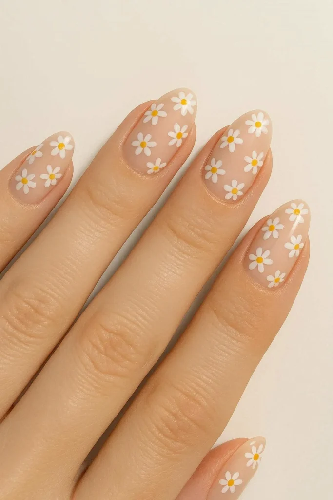 Daisy flower nails with white petals on nude base
