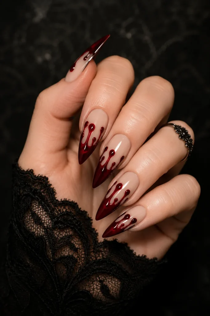 Dark cherry red blood drip tip nails glossy finish 