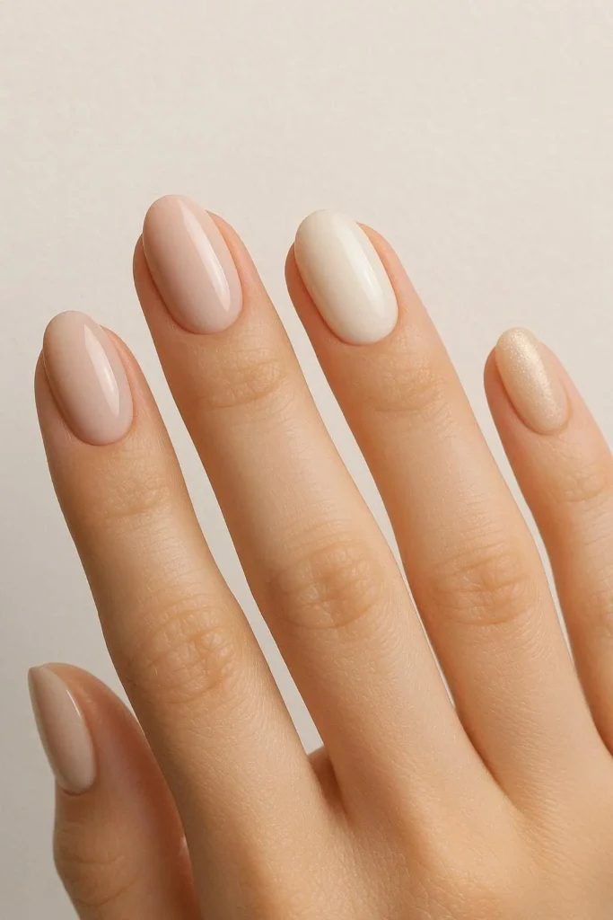 Elegant mixed neutral bridesmaid nails blush nude ivory champagne set