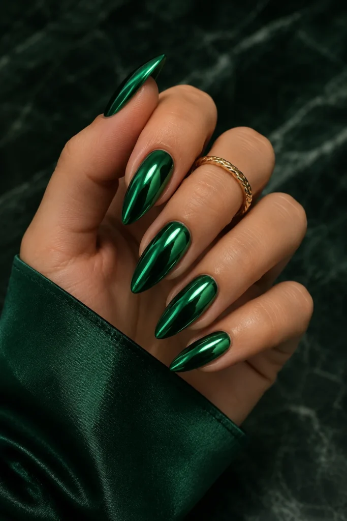 Emerald chrome almond nails deep green gemstone-inspired metallic design