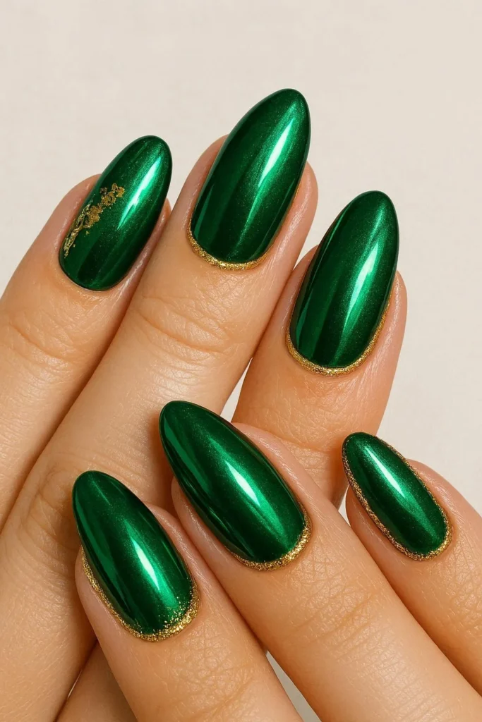 Emerald green glam nails with luxurious gold metallic accents