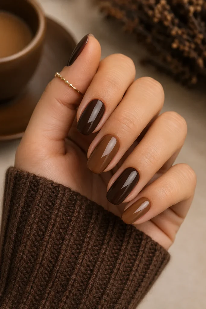 Espresso and cinnamon nails dark brown two tone design