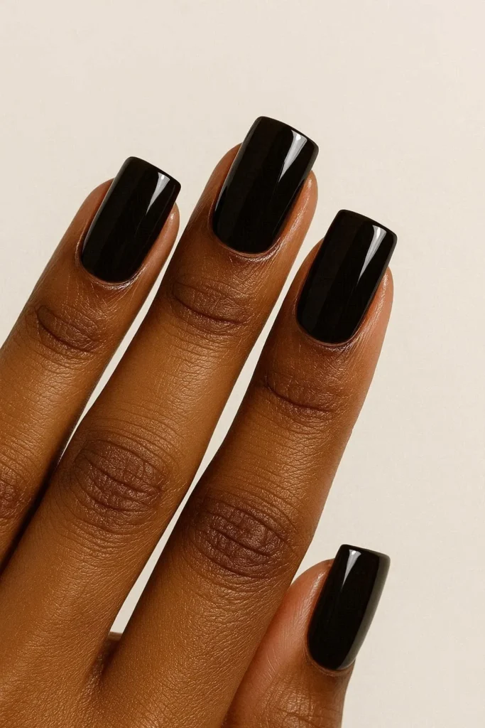 Deep espresso brown glossy square nails on dark skin