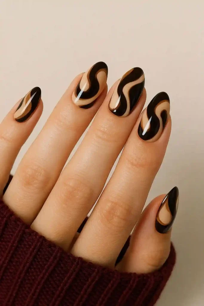 Espresso and caramel swirl nail design for fall