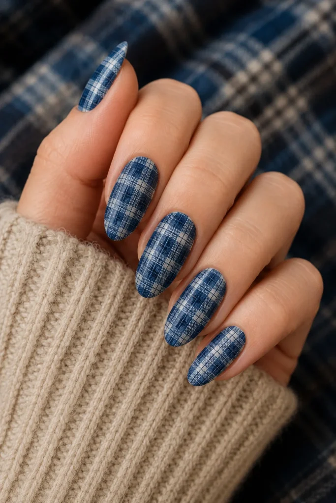 Cozy flannel inspired plaid nails for autumn season