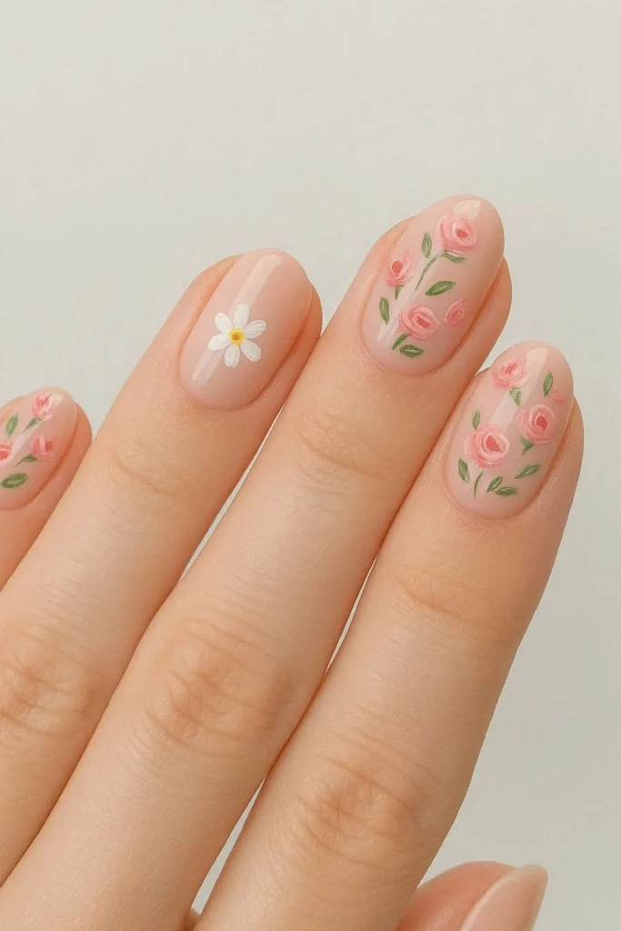 Floral accent bridesmaid nails hand painted wedding bouquet design