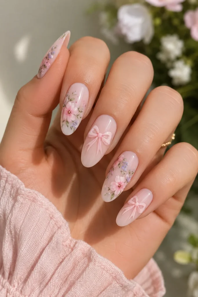 Soft floral nail art with ribbon bow accents on pastel