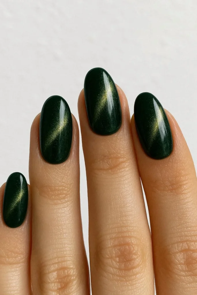  Forest green cat eye nails with gold shimmer on oval shape