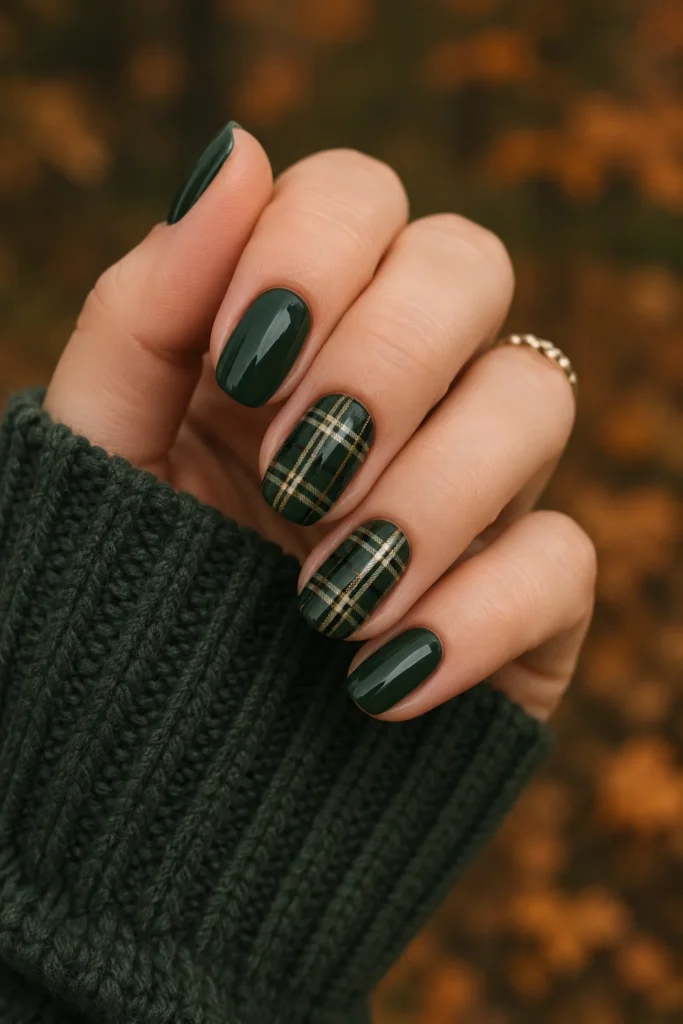 Deep forest green plaid nails inspired by autumn landscapes