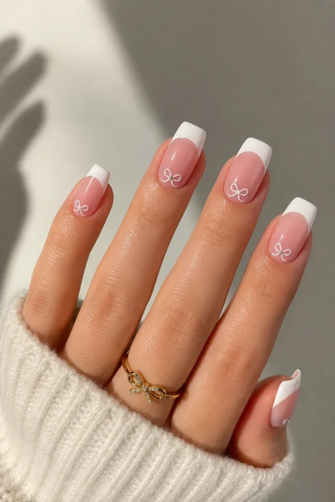 Classic French tip nails with small bow accents 
