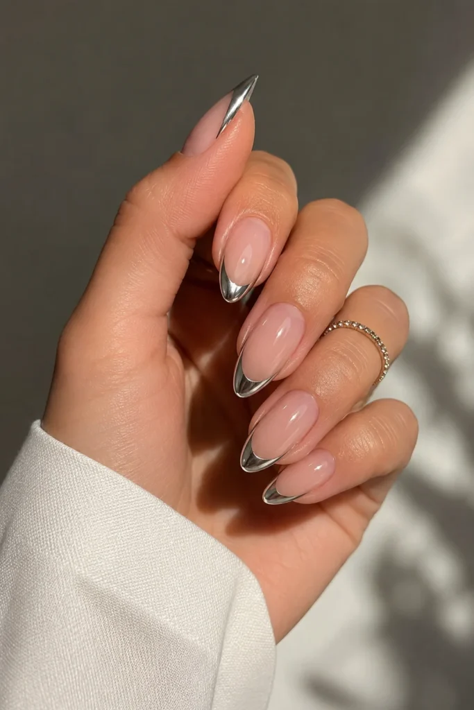 French tip chrome almond nails modern metallic smile line design