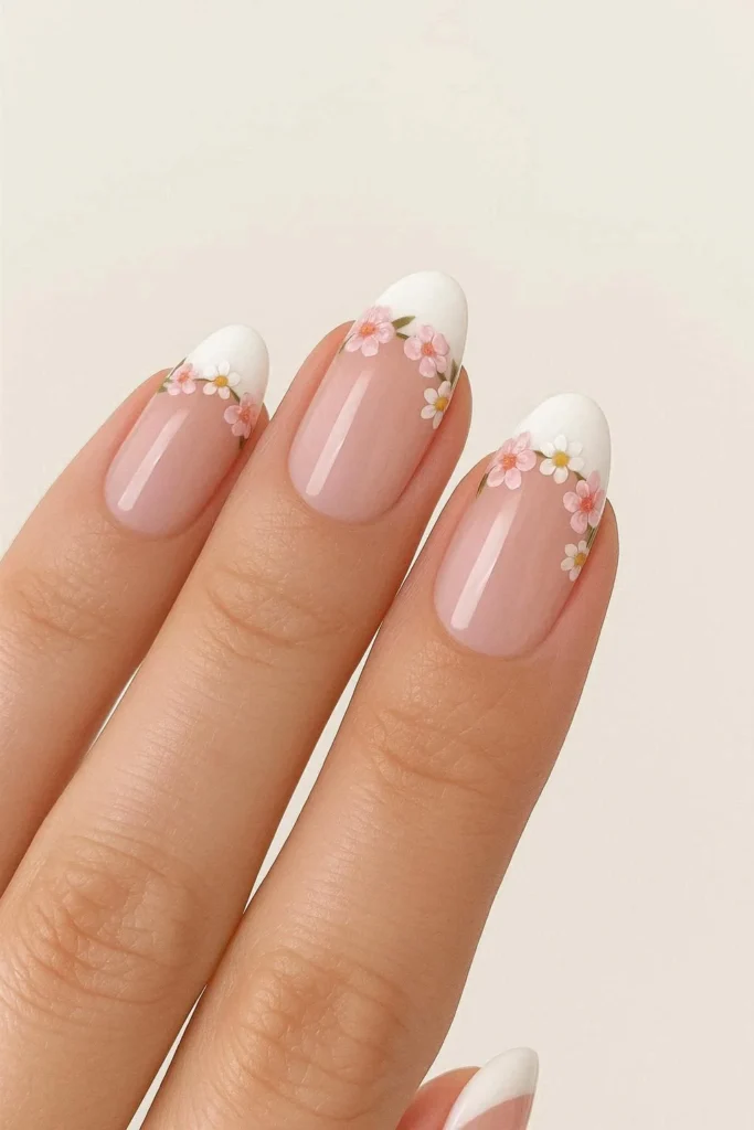 French tip flower nails with floral art along the smile line