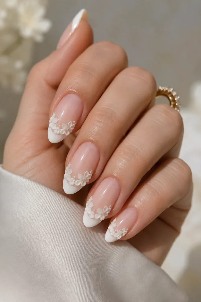 French tip nails with raised 3D white flower details along smile line