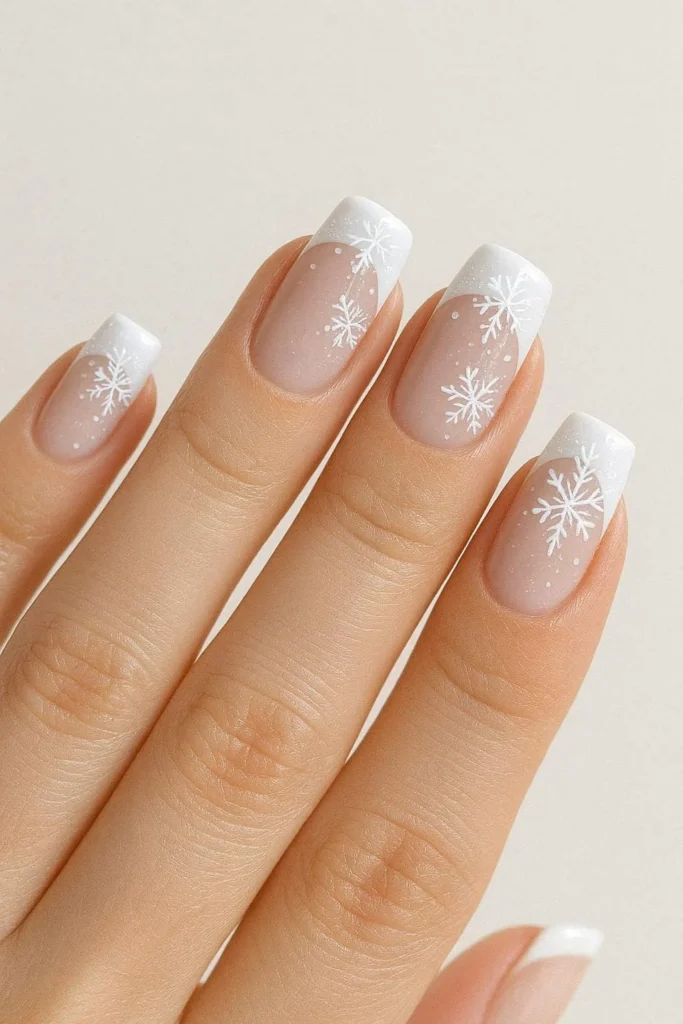 French tip nails with tiny snowflake holiday nail designs