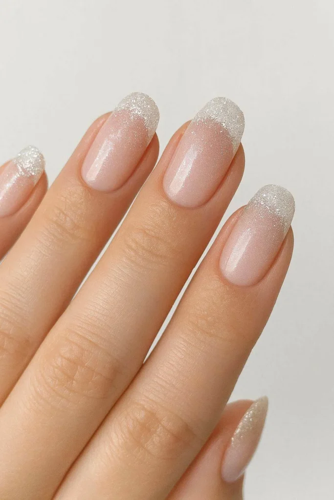 Frosted glitter French tip nails icy winter bridal manicure