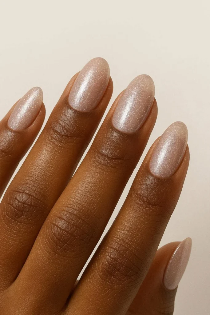 Frosted nude shimmer almond nails on rich brown skin