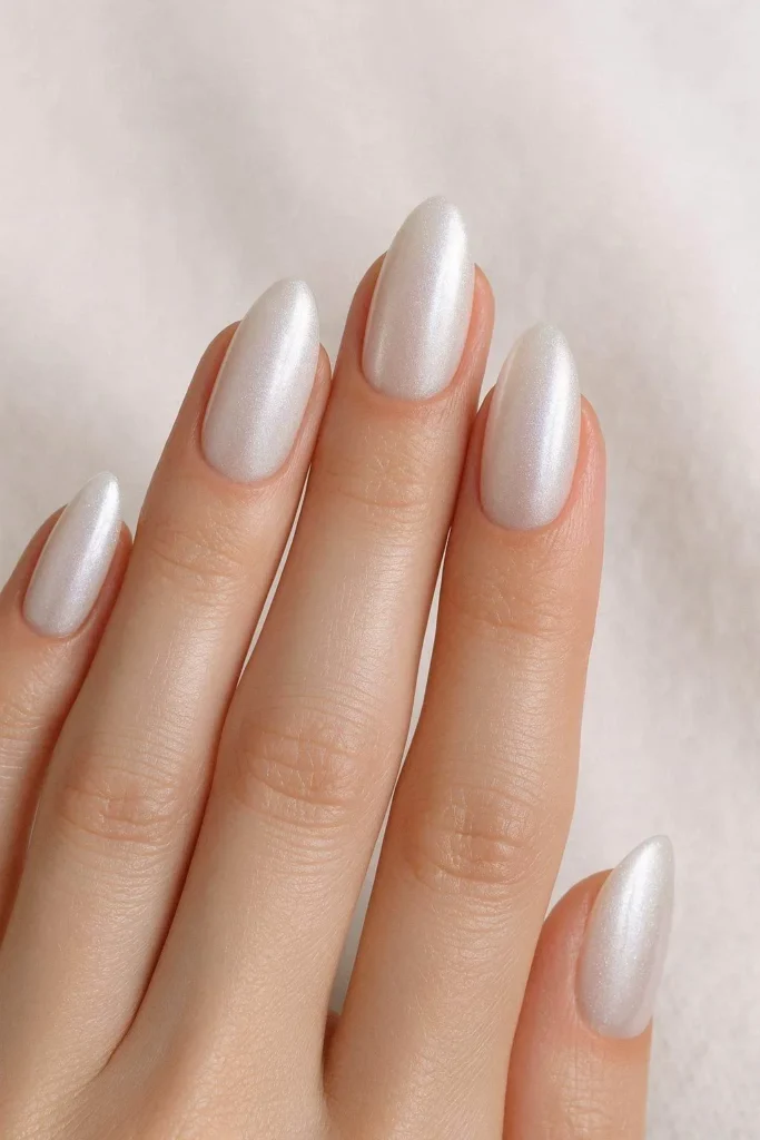 Frosted pearl bridal nails for a December winter wedding