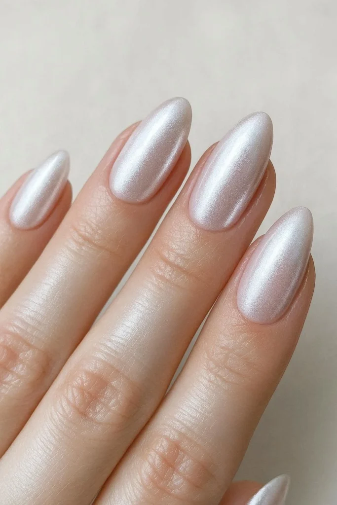 Frosted pink chrome nails with icy shine for winter